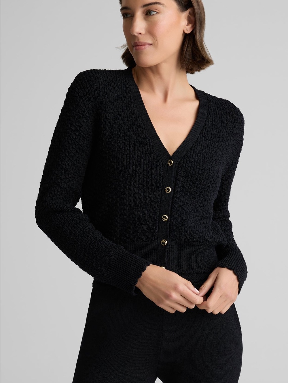 St. John Black MELODY CARDIGAN IN PERLÉ CREPE KNIT